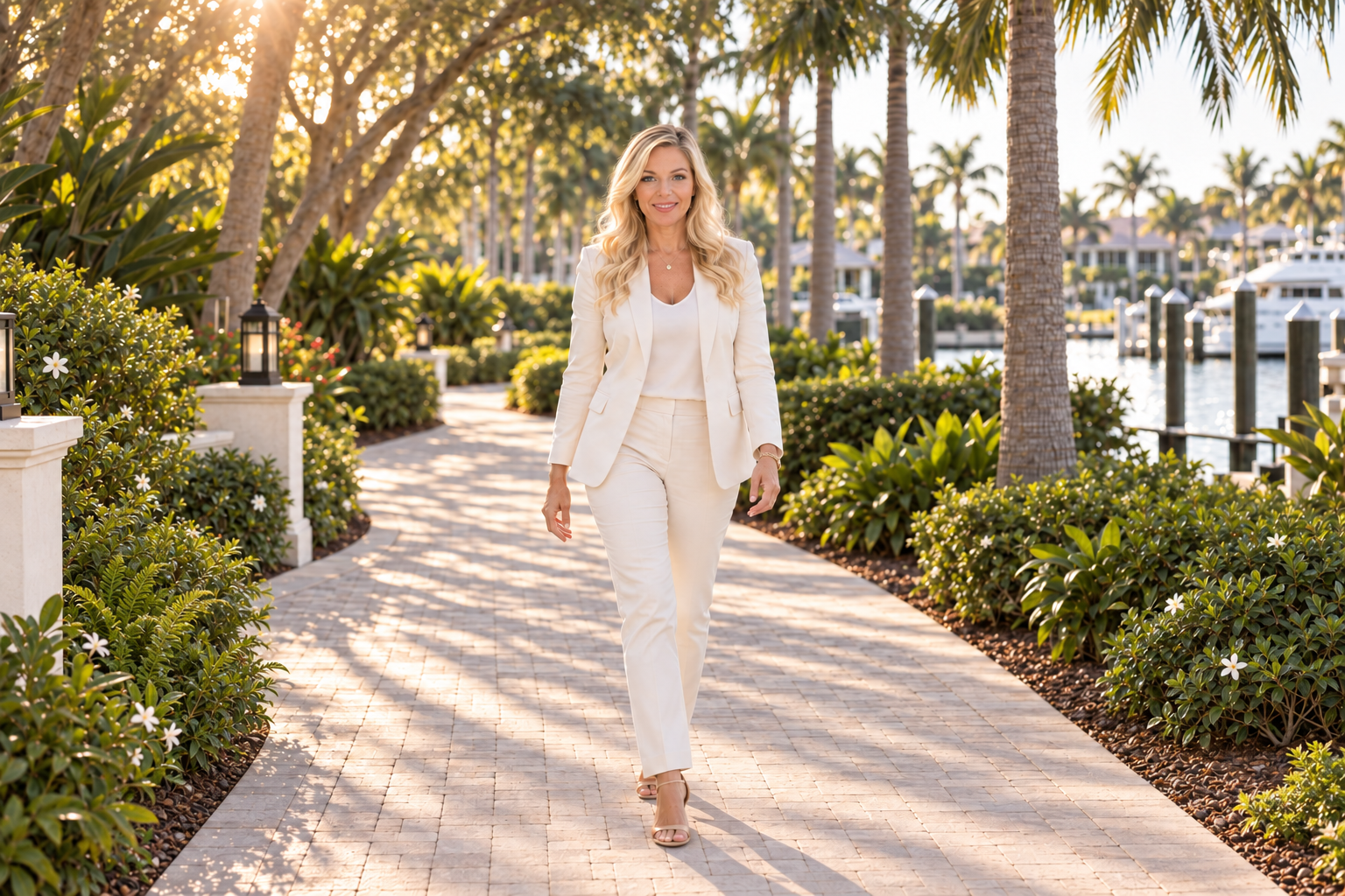 Julie Marvel walking confidently along a waterfront path at golden hour.
