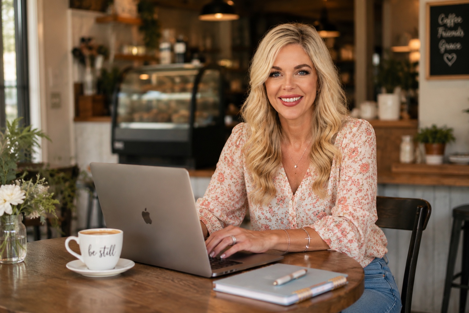 Julie Marvel working at her laptop in a cafe